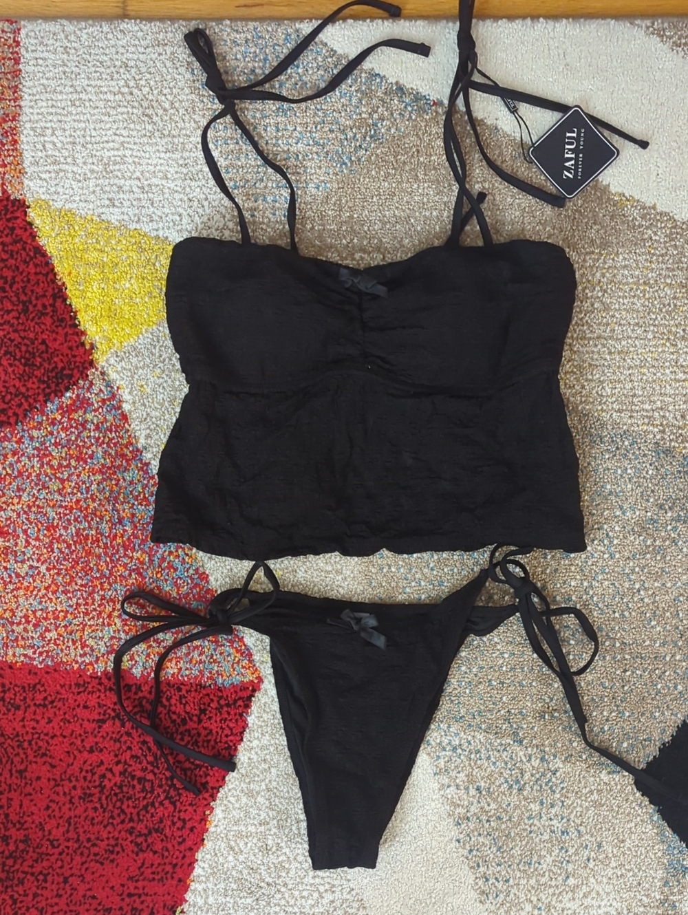 Zaful Black Crop Tankini Top and Tie-Side Bikini Bottoms Size M